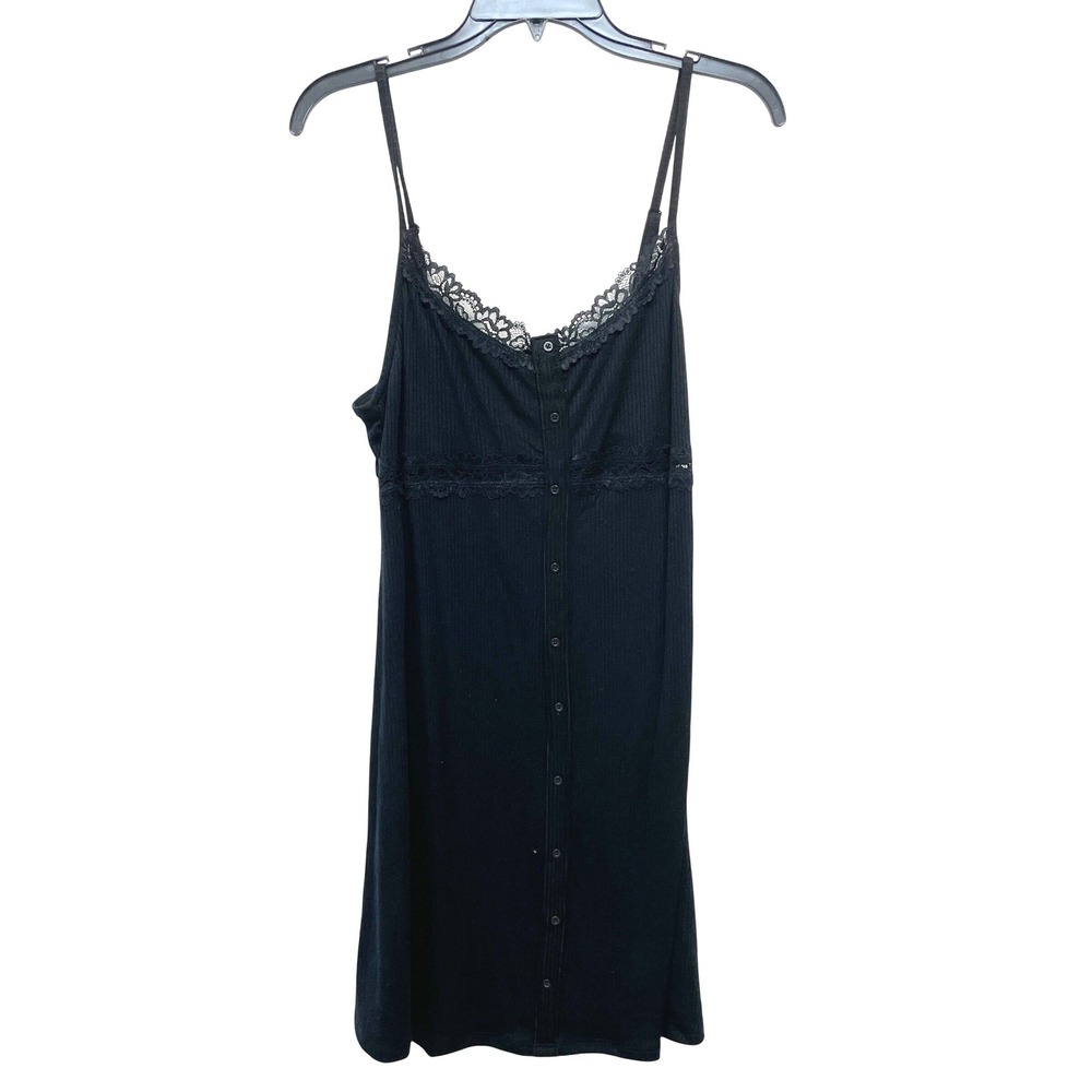 Wild Fable Women's Black Lace Trim Ribbed Button Front Mini Slip Dress Size L